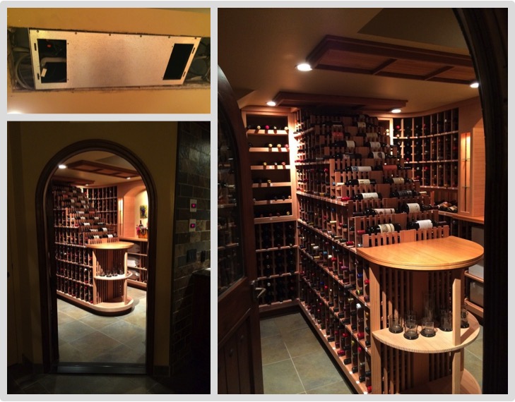 Working in the posh town of Bel Air, M&M Cellar Systems installed a split system refrigeration unit to this waterfall wine racked wine cellar.